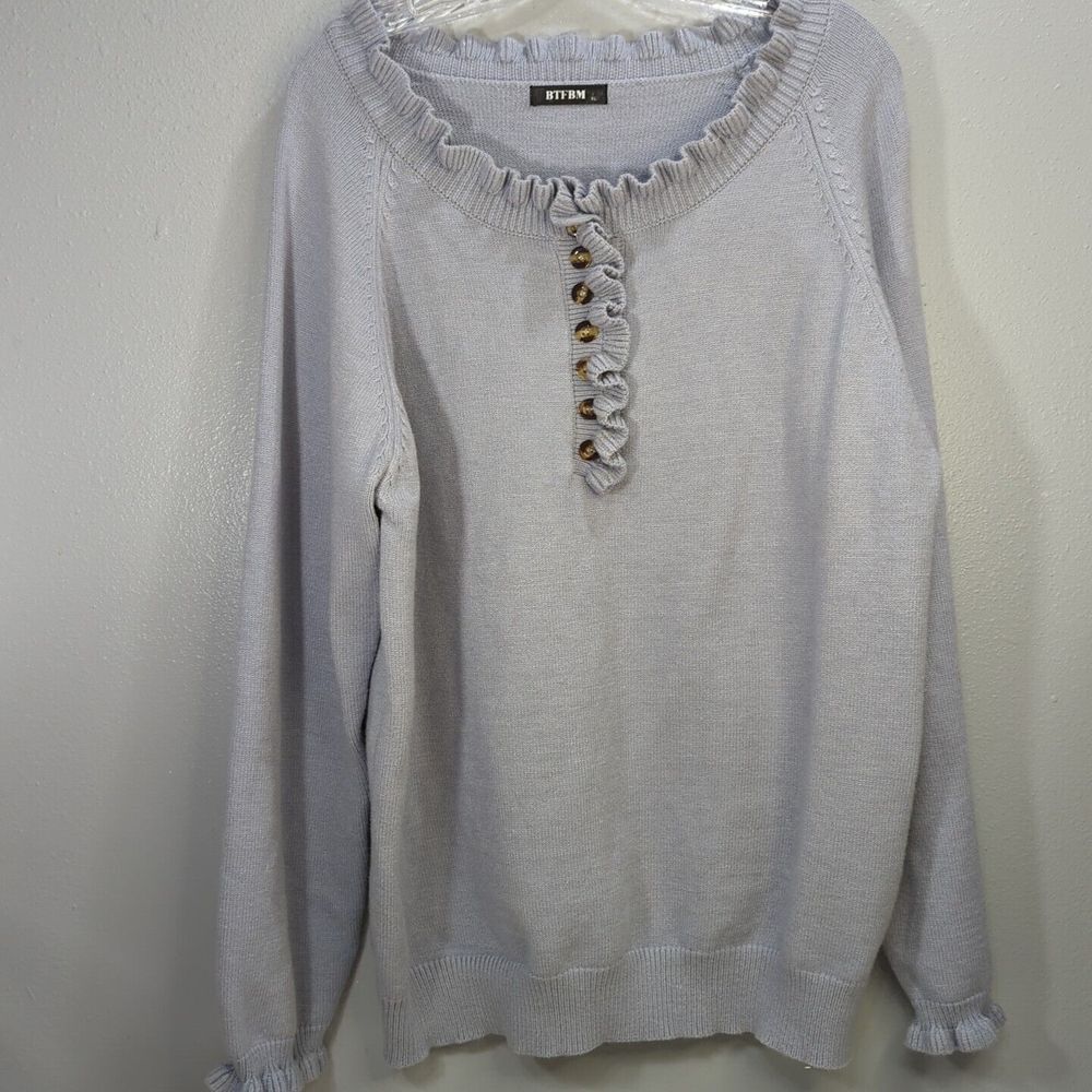 BTFBM Women's Light Blue Ruffle Collar Long Sleeve Pullover‎ Sweater Size XL 519